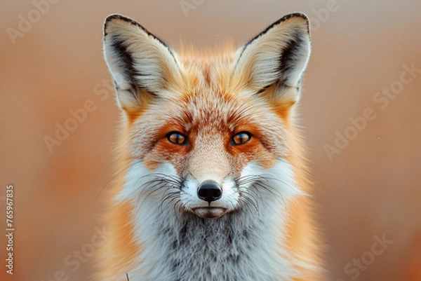 Fototapeta A minimalist illustration of a curious fox, with alert ears and bright eyes, portrayed in simple shapes against a warm sunset orange background.