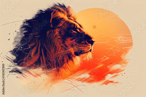 Fototapeta A minimalist illustration of a regal lion, with mane flowing in the wind, rendered in bold lines against a golden sunset backdrop, symbolizing strength and leadership.
