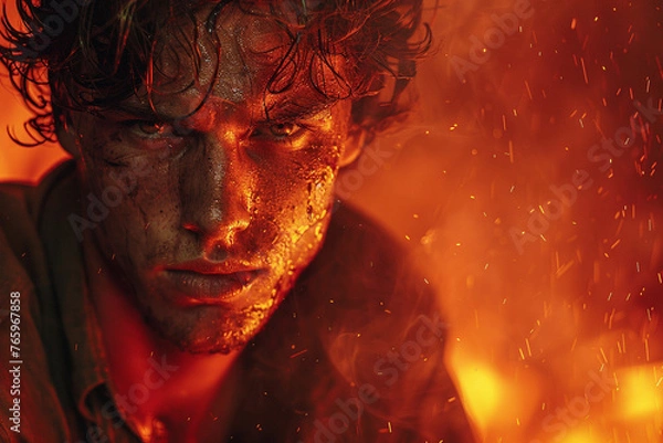 Fototapeta Against a fiery red backdrop, a man's expression reveals a sense of defiance, his jaw set and eyes fiery as he stands firm in his convictions and beliefs.