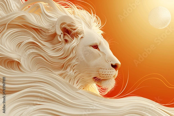 Fototapeta A minimalist illustration of a regal lion, with mane flowing in the wind, rendered in bold lines against a golden sunset backdrop, symbolizing strength and leadership.