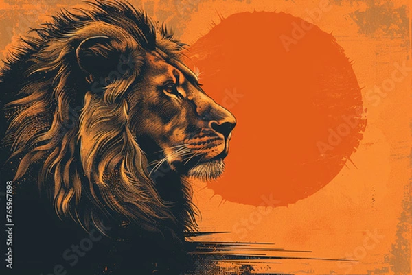 Fototapeta A minimalist illustration of a regal lion, with mane flowing in the wind, rendered in bold lines against a golden sunset backdrop, symbolizing strength and leadership.