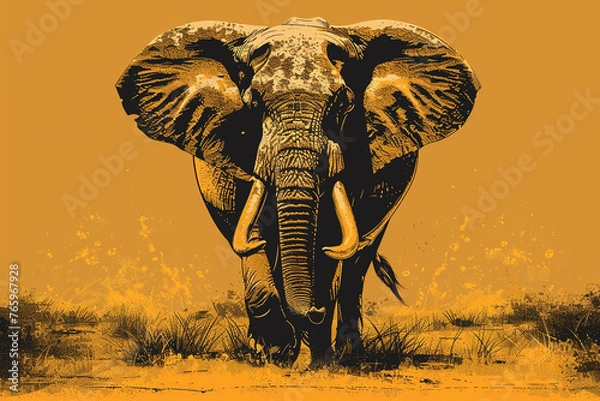 Fototapeta A minimalist representation of a majestic elephant, with tusks and trunk raised high, rendered in bold lines against a warm earthy brown background.