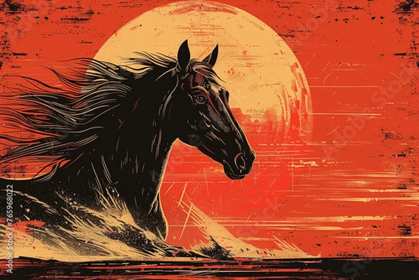 Fototapeta A minimalist illustration of a majestic horse, with mane flowing in the wind, rendered in bold lines against a vibrant sunset orange background.