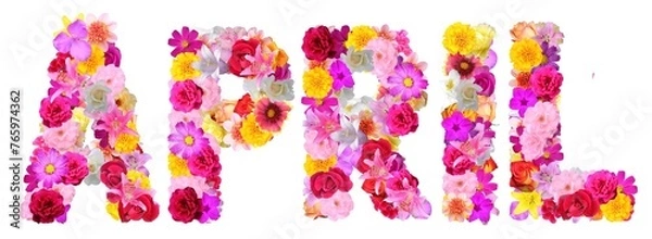 Fototapeta word april with various colorful flowers