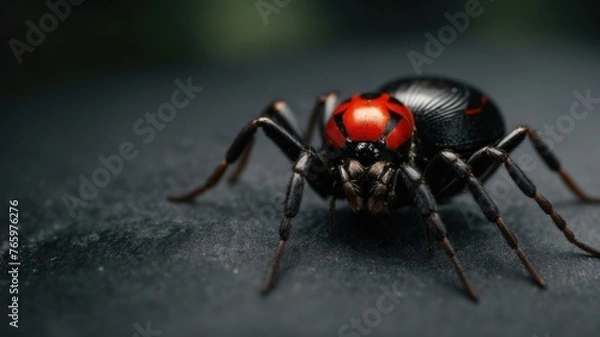 Fototapeta A close up of a spider with red eyes and black body. Generative AI.