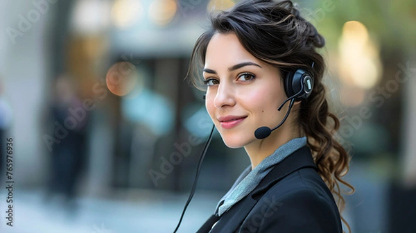 Fototapeta Woman in call center tele phone marketer looking at camera isolated on white background - Focused tele girl working as a tele phone marketer, directly engaging the camera.
