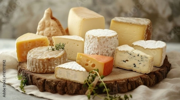 Obraz Artisan cheese and charcuterie board featuring a selection of cheeses, cured meats, and fresh tomatoes on a wooden serving platter..