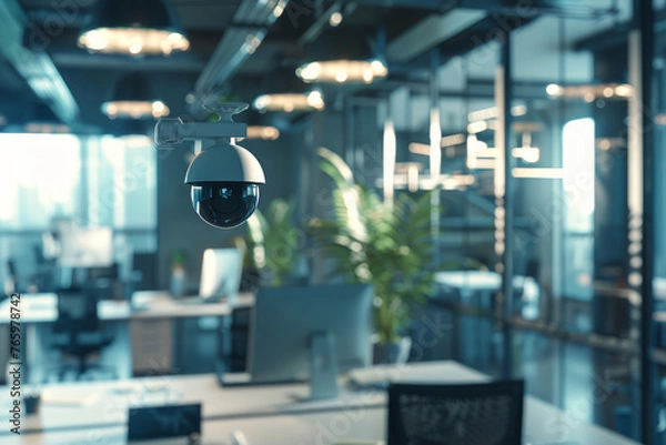 Fototapeta The image presents a modern surveillance camera installed in a contemporary office setting.