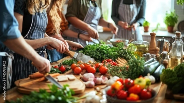 Obraz Farm-to-Table Cooking Class with a group of people participating in a cooking class using farm-fresh ingredients.