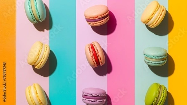 Obraz colorful macarons on a striped multicolor background