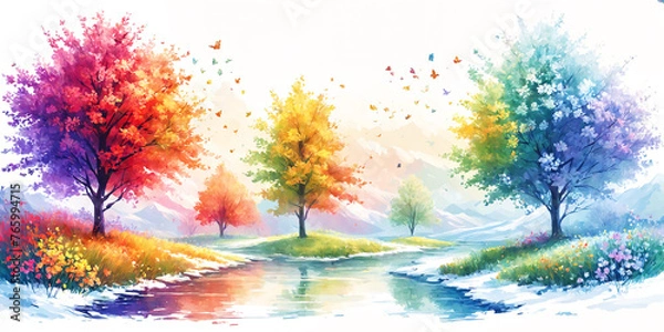 Fototapeta A beautiful and colorful nature scene featuring river and several trees around it with bright autumn leaves.