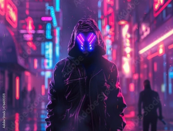 Fototapeta Neon Sentinel: A lone figure in a futuristic city, illuminated by vibrant neon lights and a glowing mask, emanates an aura of mystery and intrigue. 