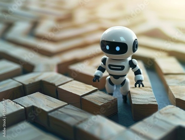 Fototapeta AI Navigating the Labyrinth: A miniature robot pauses at a crossroads within a complex wooden maze, symbolizing the challenges and triumphs of artificial intelligence in problem-solving and decision
