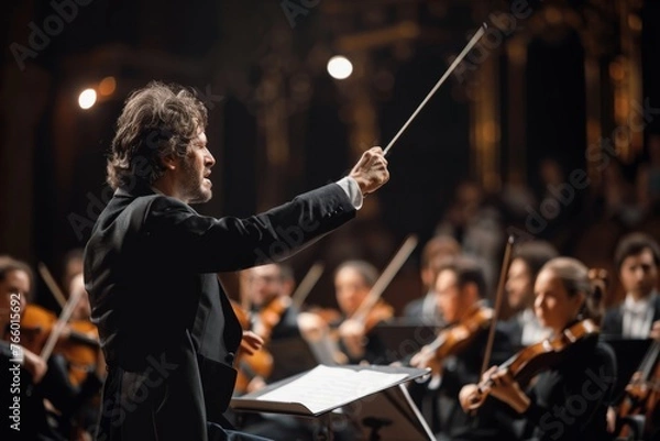 Fototapeta Conductor directing symphony orchestra with performers on background, light at a club concert