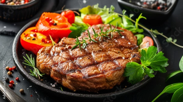 Obraz Grilled steak meat with salad from baked pepper. Generative Ai