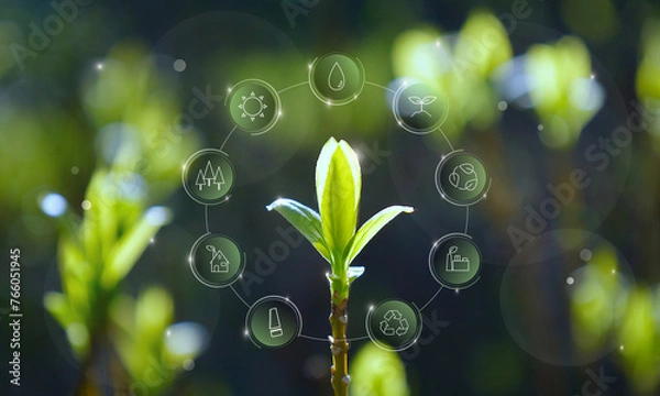 Obraz レンギョウの新芽の上に浮かぶ環境保護に関するアイコン：エコロジー、水、太陽、リサイクル、バイオマス発電、循環、グリーンエネルギー