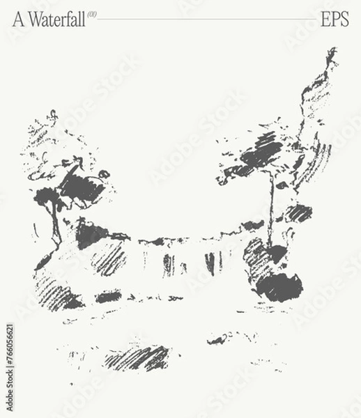 Fototapeta A beautiful waterfall. Hand drawn vector illustration, sketch.