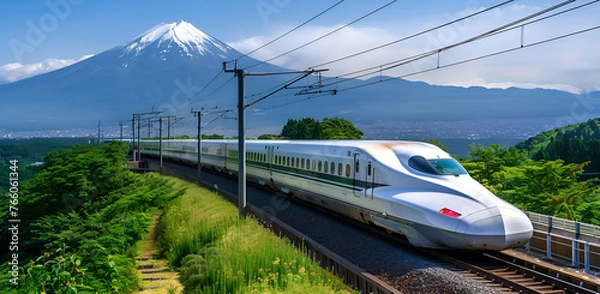 Fototapeta A train is traveling through a mountainous area. The train is white and is traveling at a high speed. The mountains in the background are covered in snow. The sky is clear and blue