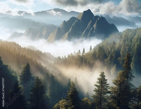 Obraz 울창한 숲과 안개 낀 산