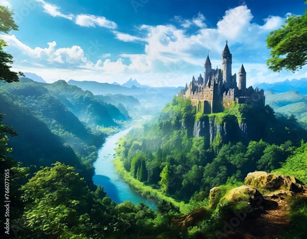 Obraz 울창한 숲과 중세시대 왕국,푸른 하늘