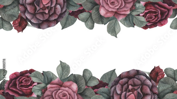Fototapeta Seamless border gothic rose, leaves magical texture isolated on white background. Watercolor hand drawn botanical sketch illustration. Art for design mystical halloween witch decoration, scary card