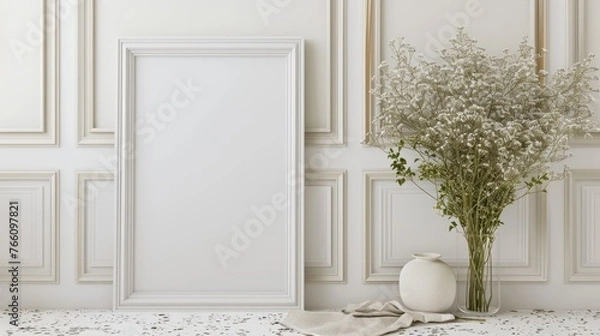 Fototapeta Blank empty picture frame mockup. Artwork in interior design
