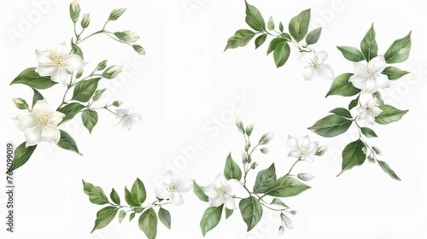 Fototapeta Collection of wreath jasmine flower hand drawn illustration ,Generative ai