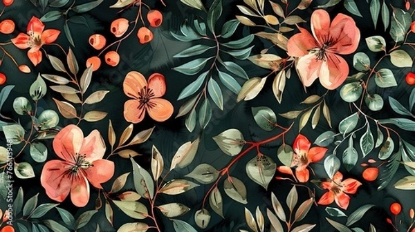 Fototapeta Watercolor floral and leaves seamless pattern,Generative ai, 