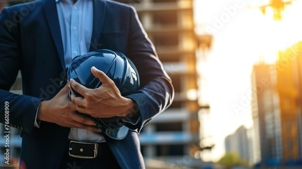 Fototapeta Wearing a hard hat and vest, a construction worker stands on a busy construction site