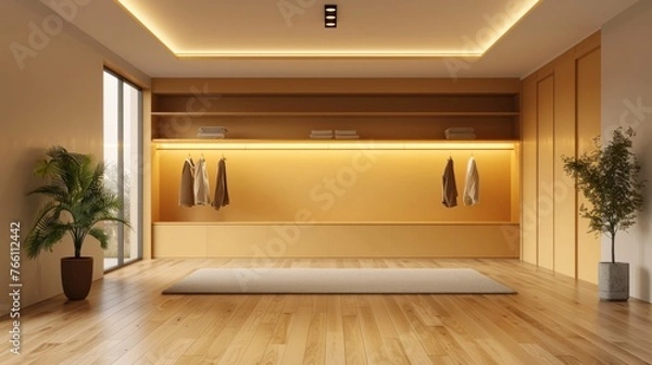 Fototapeta wide wooden dressing room, interior of a modern house, Modern closet with LED lights with clothes.