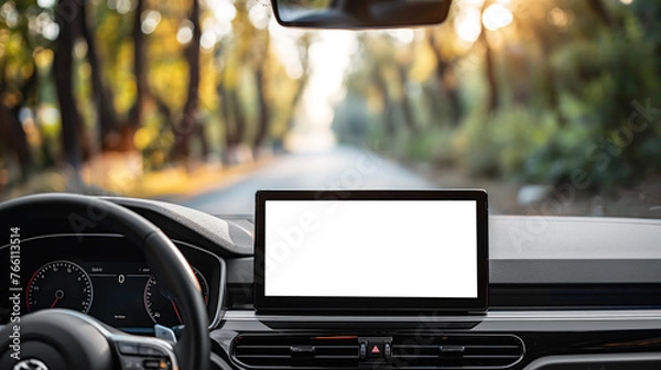 Fototapeta Mock-up monitor in car driving on road, Mock-up monitor blank screen in car, Monitor car, car screen Mock-up for put content, android car play mock up, have space, Monitor in car JPG
