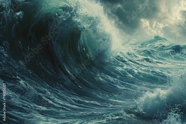 Fototapeta This photo captures a stunning painting depicting a powerful and awe-inspiring wave in the vast ocean, A formidable view of a tidal wave in the open sea, AI Generated