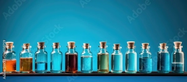Fototapeta A row of glass and plastic bottles filled with various colored liquids, ranging from azure solutions to alcoholic beverages, displayed on a shelf