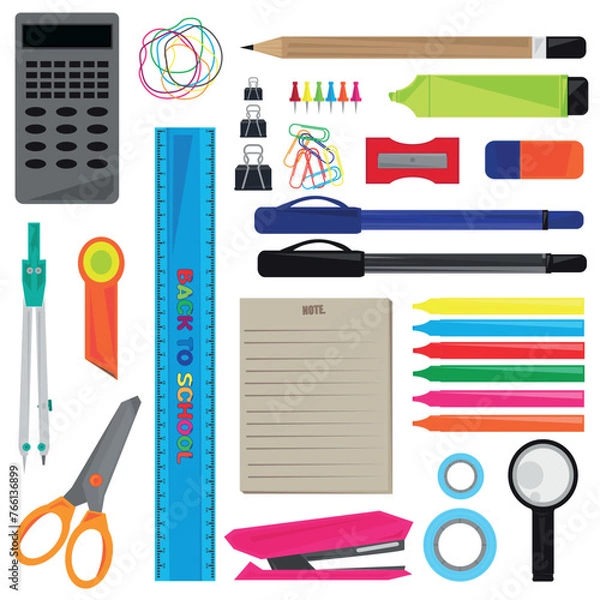 Obraz Set of writing supplies element for school office and others with white background.
