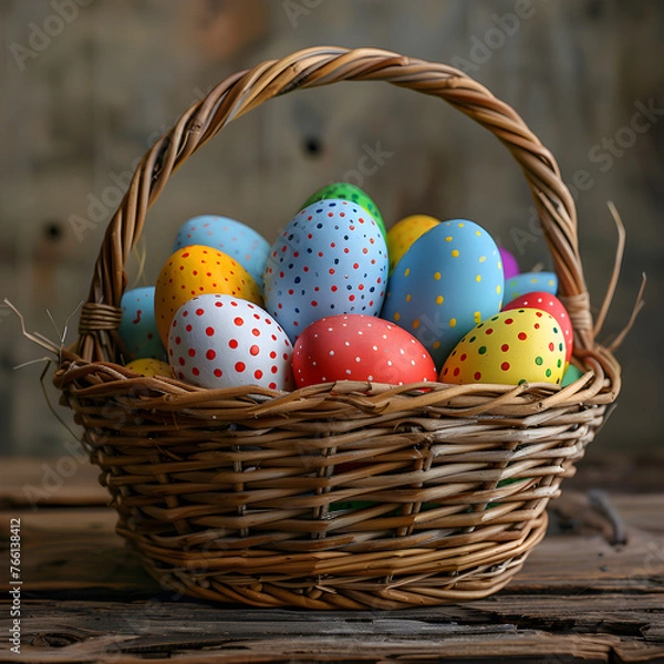 Fototapeta Colorful Easter eggs in a basket, perfect for Easter holiday decorations or spring themed events.