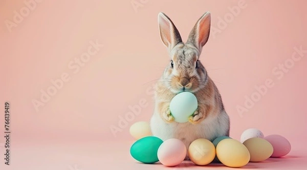 Fototapeta Cute Easter bunny and colorful eggs on pink background. Happy Easter concept