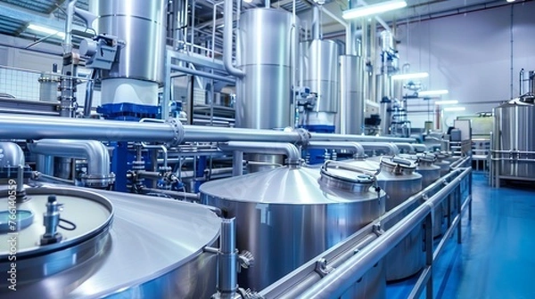 Fototapeta A modern dairy processing facility with milk tanks and packaging machines, ideal for illustrating dairy product manufacturing