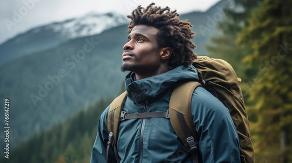 Fototapeta portrait of a black man traveling in the mountains, a person of color, an African person, hiking with a meaningful expression 