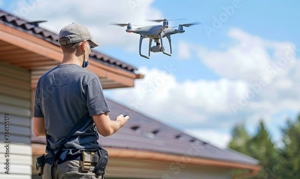 Fototapeta Professional man  using a drone on sky over house to measure and inspect roof