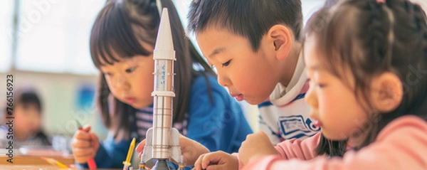 Obraz Asian young child engineers building rockets in the STEM classroom
