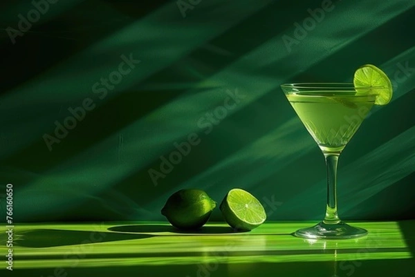 Fototapeta Cocktail with a slice of lime in a glass on a green background with copy space