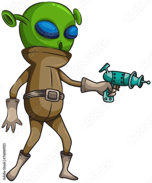 Fototapeta Illustration of a cartoon alien standing and holding a laser gun. transparent background