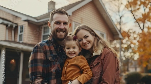 Fototapeta Delighted Family Celebrating Homeownership in Autumnal Bliss