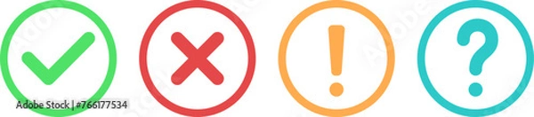 Fototapeta Collection of check mark, exclamation point, question mark and X or cross mark icons buttons
