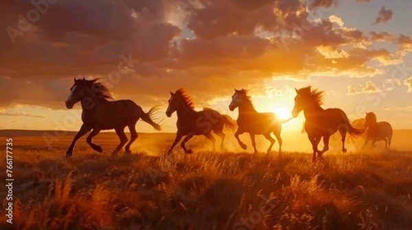 Obraz Wild horses running at sunset 
