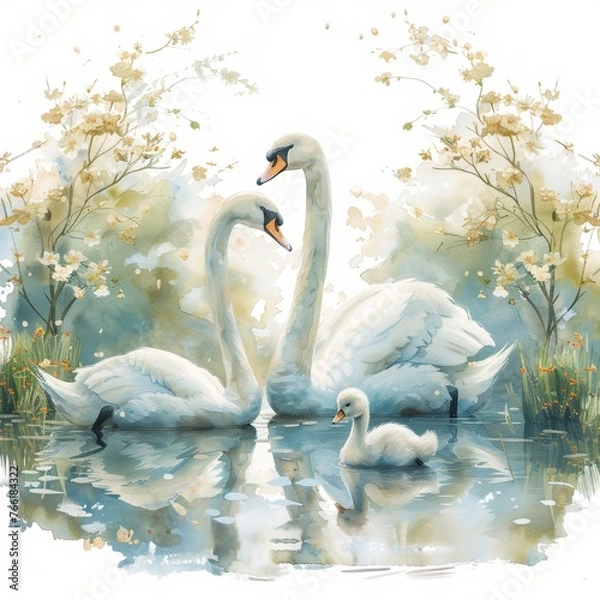 Fototapeta A painting of three swans in a pond. The swans are two adult swans and one baby swan. The painting has a peaceful and serene mood, with the swans swimming in the water and the trees in the background