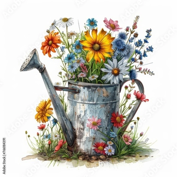 Fototapeta A flower vase with a watering can on top of it. The flowers are colorful and the vase is silver