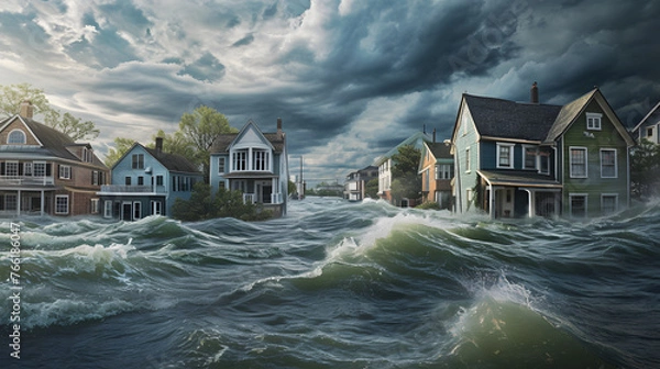 Fototapeta illustration of flooding in the middle of housing with bad weather, due to high rainfall and the habit of throwing rubbish carelessly.