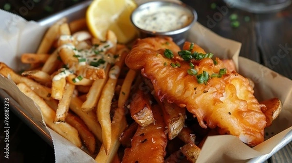 Fototapeta Rustic yet modern interpretation of traditional fish and chips with gourmet tartar sauce
