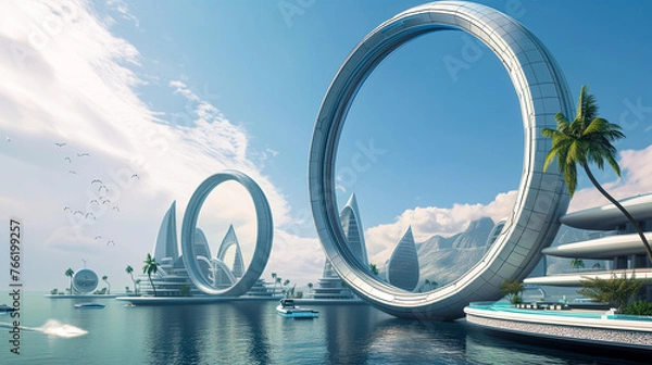 Fototapeta Sustainable Futuristic Seashore City Architecture. Biotech Green Design. New Energy Sources, Smart Technology. Addressing Ecology, Climate Change, Overpopulation, Ocean Rise. Extending Dry Land. 